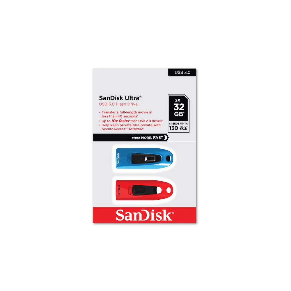 A large main feature product image of SanDisk Ultra 32GB USB 3.0 Flash Drive Dual Pack - Blue + Red