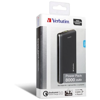 Product image of Verbatim Li-polymer QC 3.0 Power Bank  8,000mAh - Black - Click for product page of Verbatim Li-polymer QC 3.0 Power Bank  8,000mAh - Black