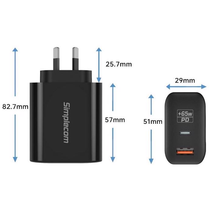 A large main feature product image of Simplecom CU265 Dual Port PD 65W GaN Fast Wall Charger USB Type-C + Type-A