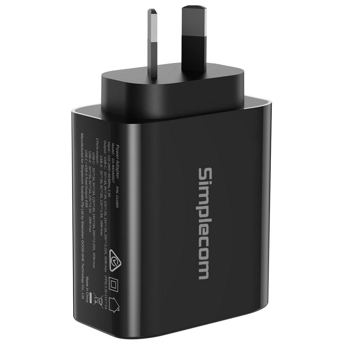 A large main feature product image of Simplecom CU265 Dual Port PD 65W GaN Fast Wall Charger USB Type-C + Type-A
