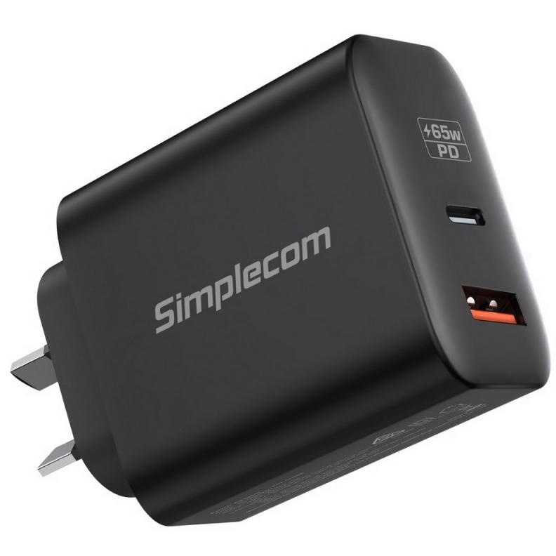 A large main feature product image of Simplecom CU265 Dual Port PD 65W GaN Fast Wall Charger USB Type-C + Type-A