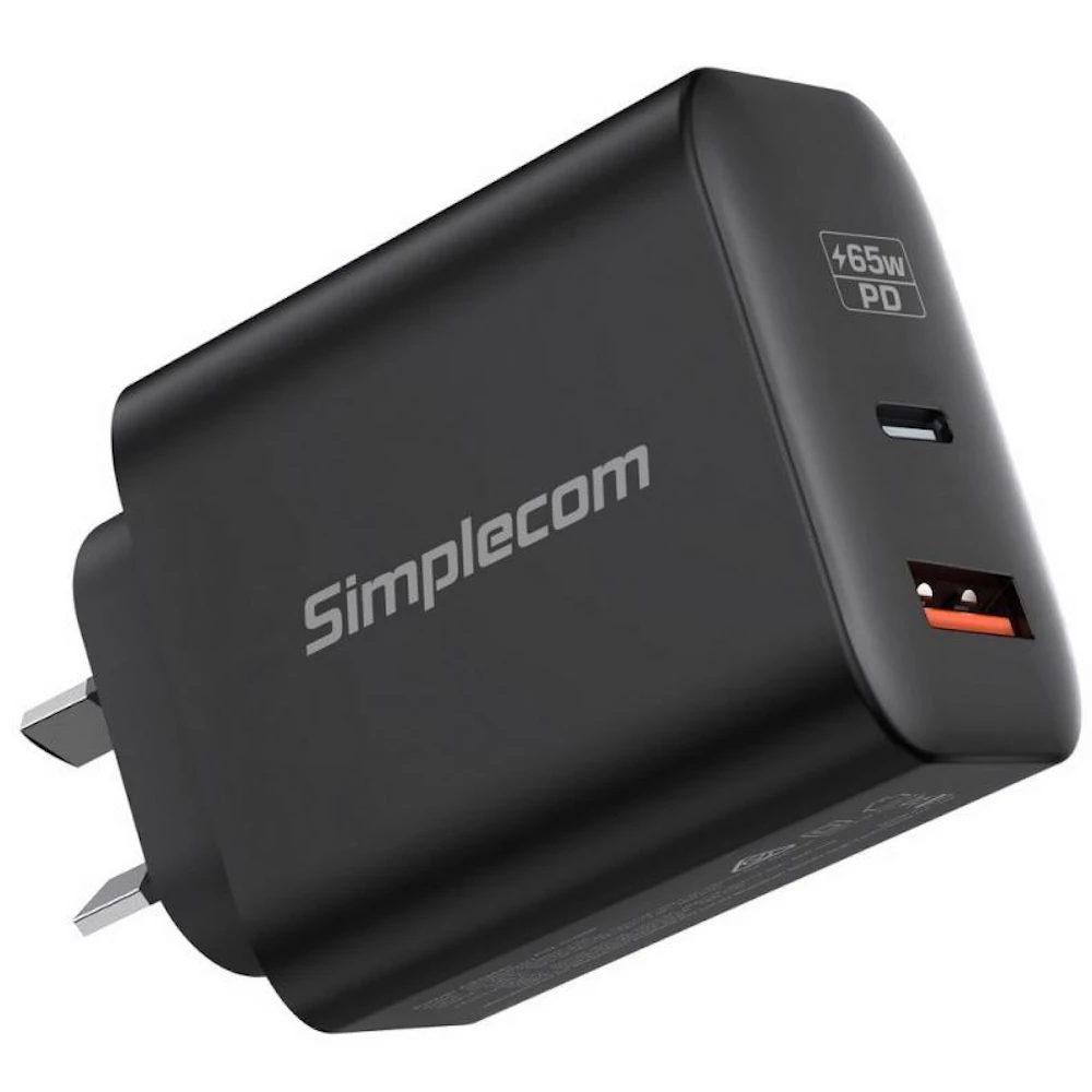 Simplecom CU265 Dual Port PD 65W GaN Fast Wall Charger USB Type-C + Type-A