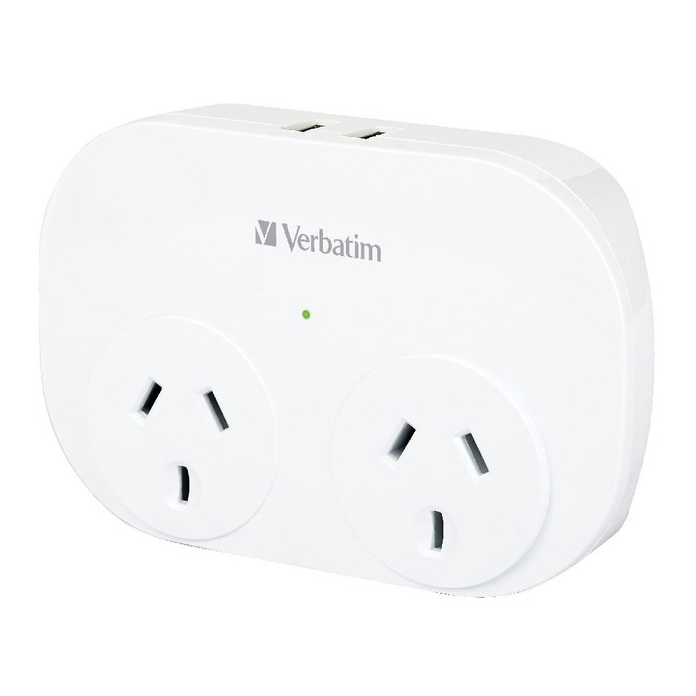 A large main feature product image of Verbatim Dual USB Surge Protected with Double Adaptor - White 2x USB Charger Outlet, Charge Phone and Tablet, Surge Protection, 2.4A Current Power
