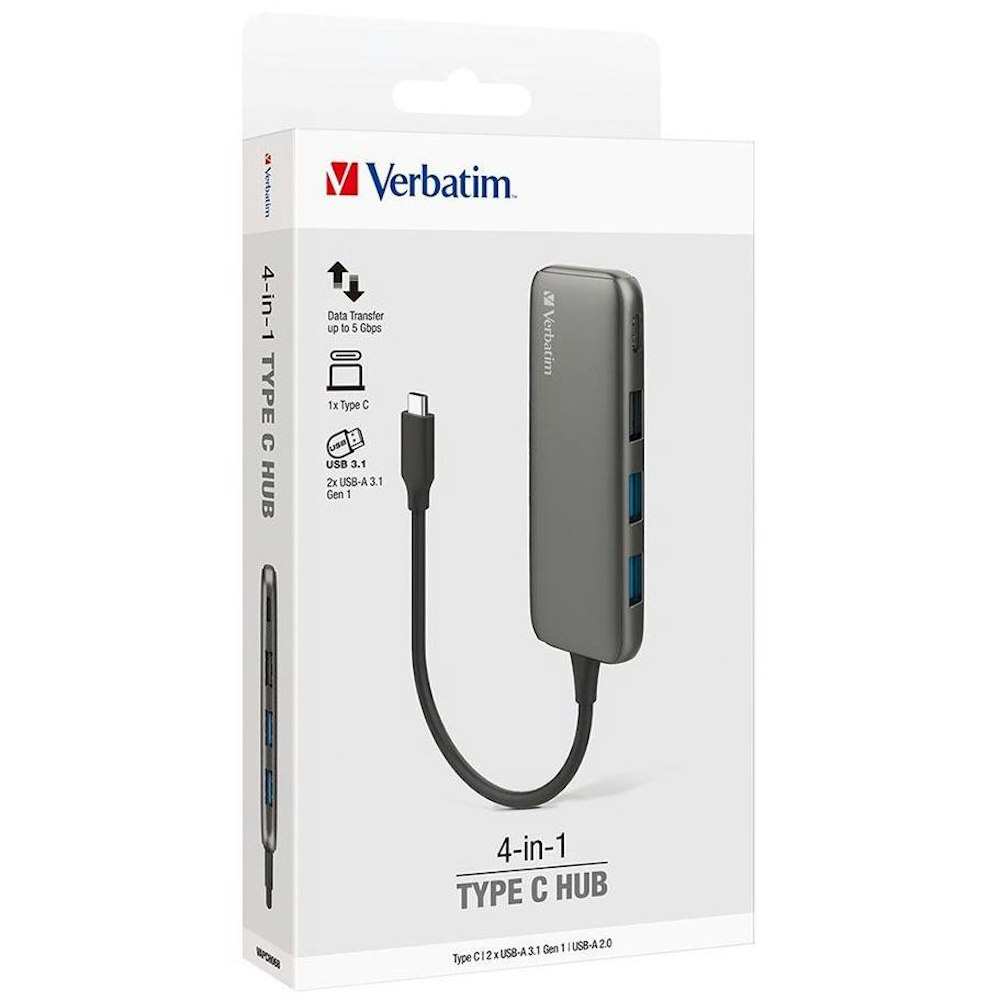 A large main feature product image of Verbatim USB-C Hub with 2x USB 3.0, 1x USB 2.0 1x USB C port - Space Grey