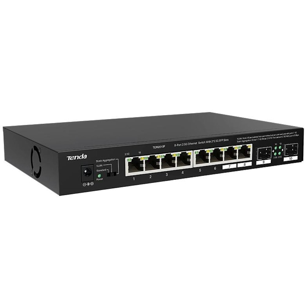 A large main feature product image of Tenda TEM2010F 8-Port 2.5GbE with 2-Port SFP Unmanaged Switch