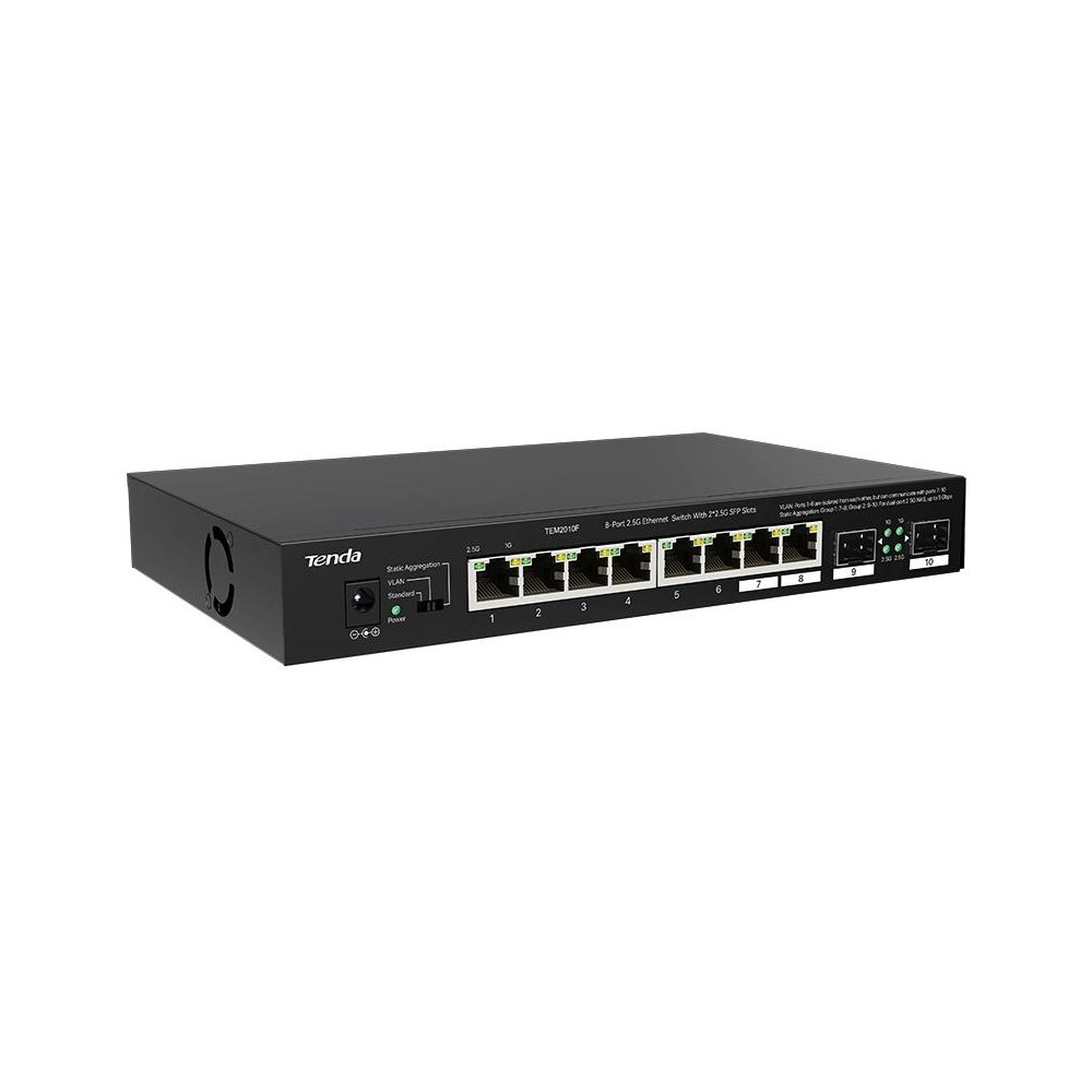 A large main feature product image of Tenda TEM2010F 8-Port 2.5GbE with 2-Port SFP Unmanaged Switch