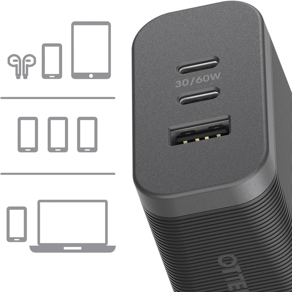 A large main feature product image of OtterBox USB-C 72W Triple Port Premium Pro Fast Wall Charger - Black