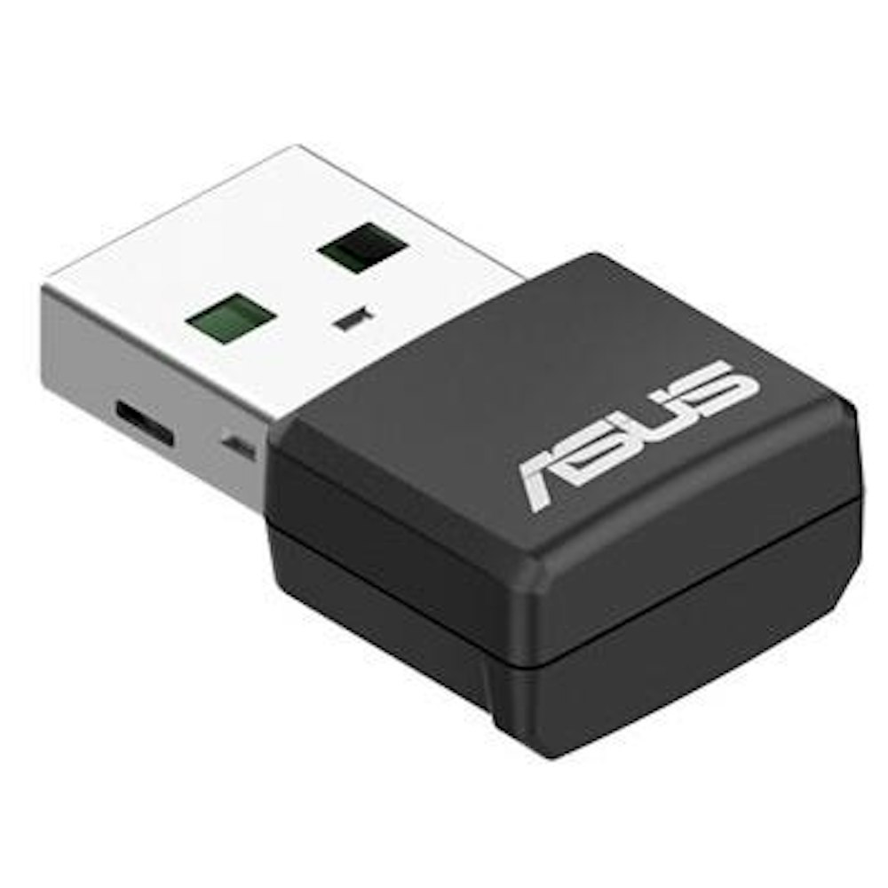 A large main feature product image of ASUS USB-AX55 Nano AX1800 Dual Band WiFi 6 USB Adapter