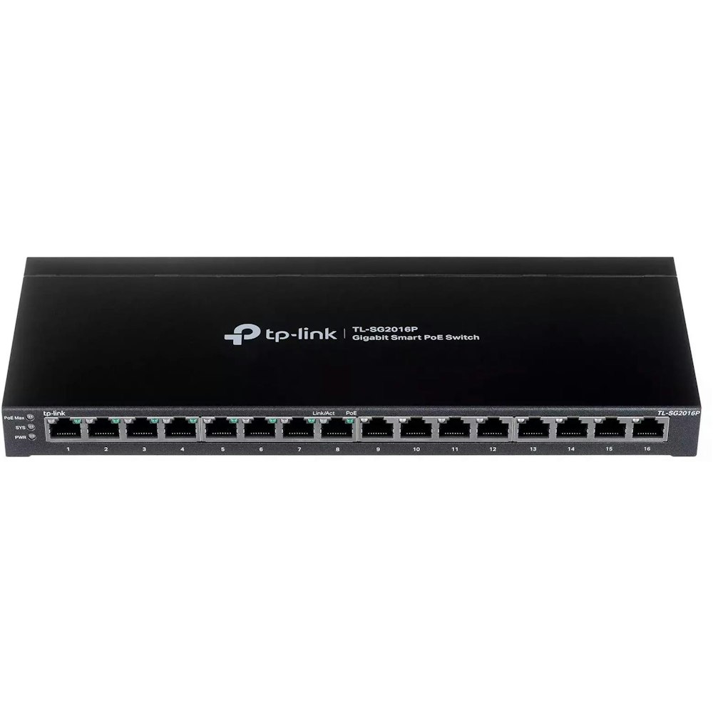 A large main feature product image of TP-Link JetStream TL-SG2016P - 16-Port Gigabit Smart Switch with 8-Port PoE+