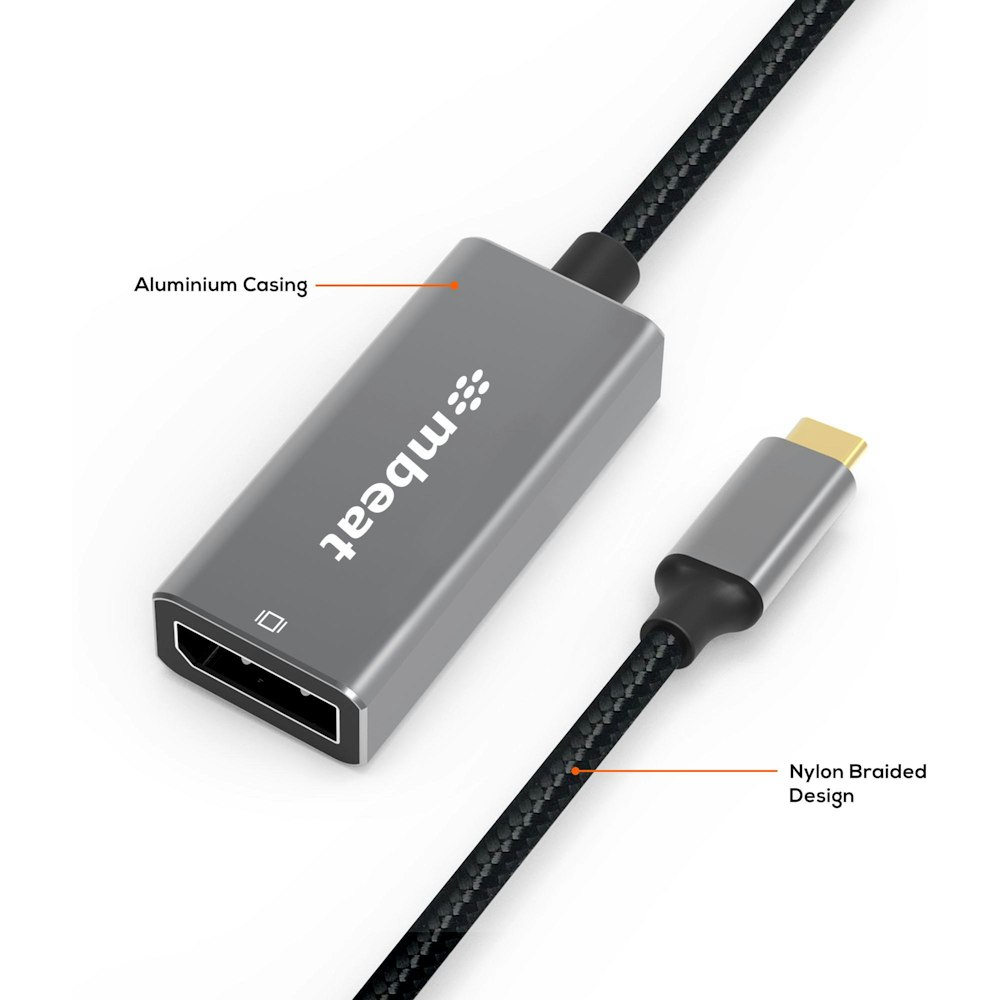 A large main feature product image of mBeat ToughLink USB-C to DP adapter