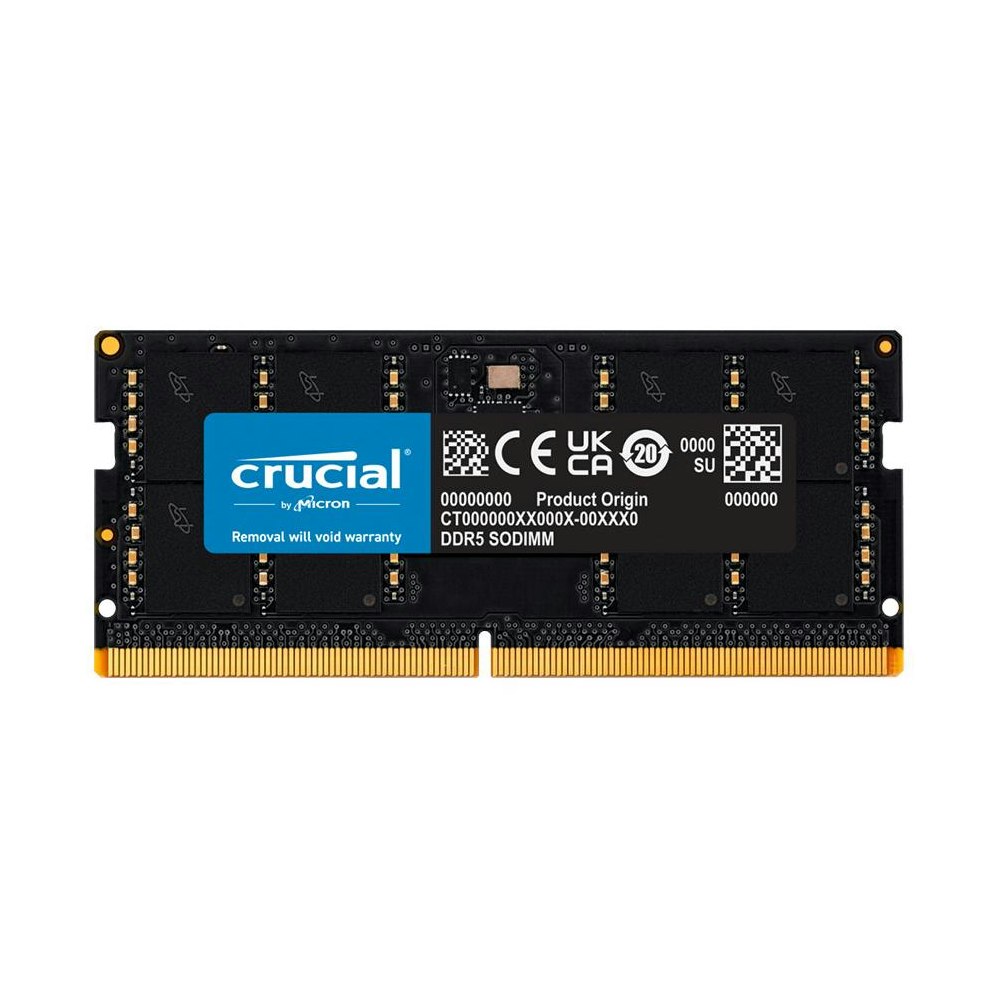A large main feature product image of Crucial 32GB Single (1x32GB) DDR5 SO-DIMM C40 4800MHz