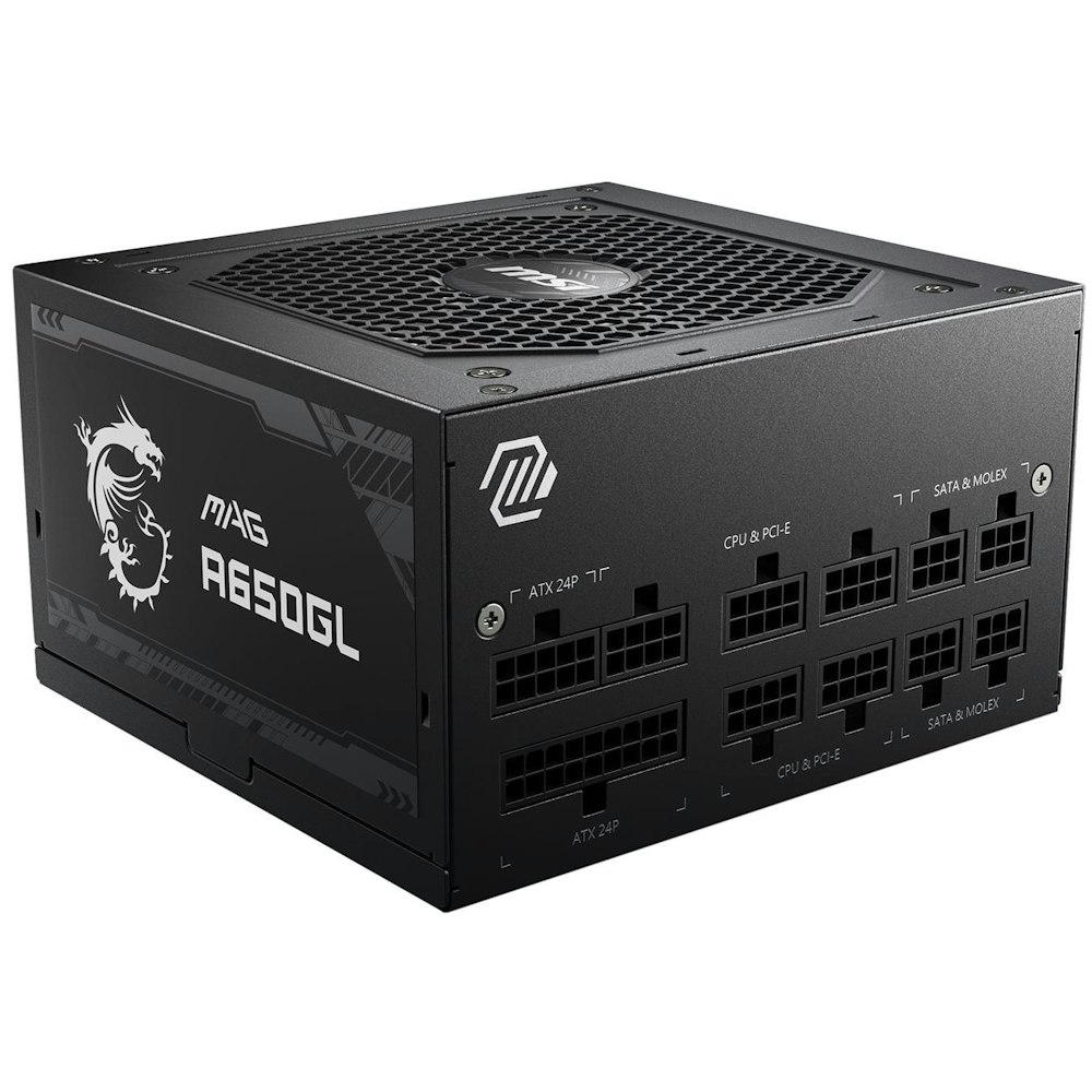 A large main feature product image of MSI MAG A650GL 650W Gold ATX Modular PSU