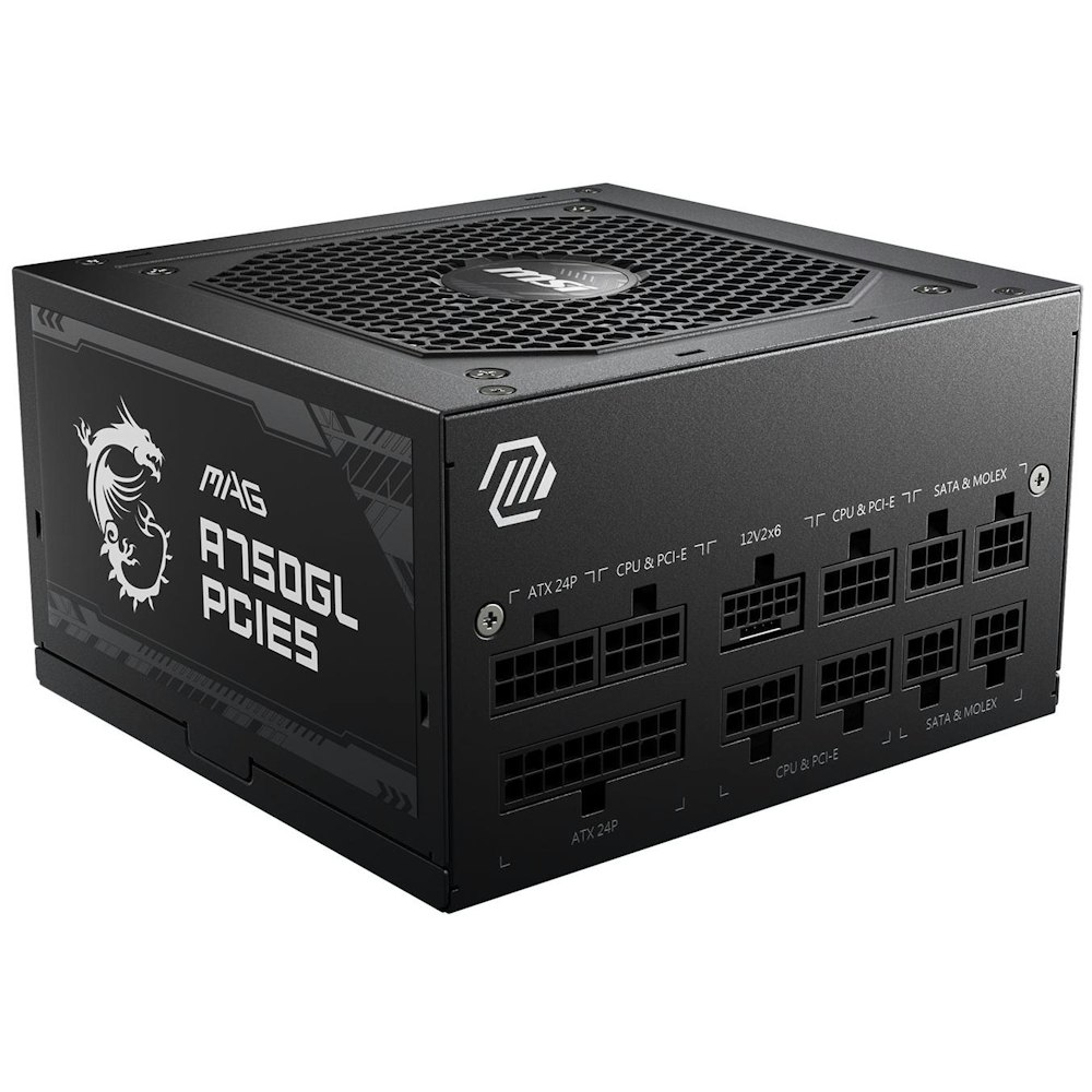 A large main feature product image of MSI MAG A750GL - 750W Gold PCIe 5.0 ATX Modular PSU