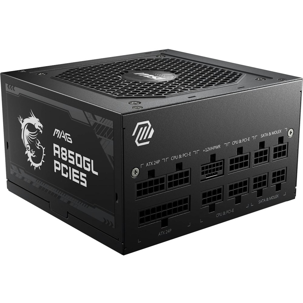 A large main feature product image of MSI MAG A850GL - 850W Gold PCIe 5.0 ATX Modular PSU