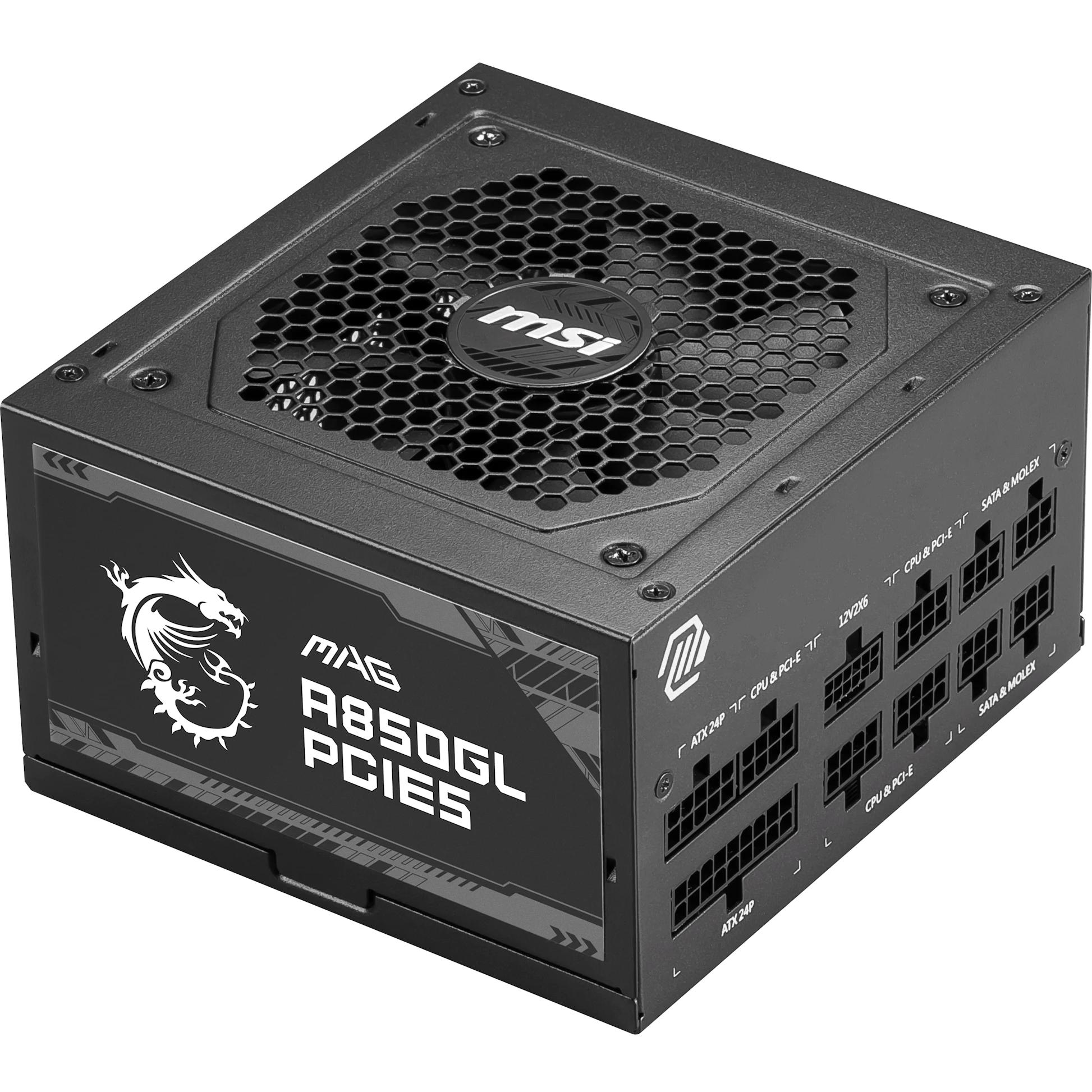 A large main feature product image of MSI MAG A850GL - 850W Gold PCIe 5.0 ATX Modular PSU