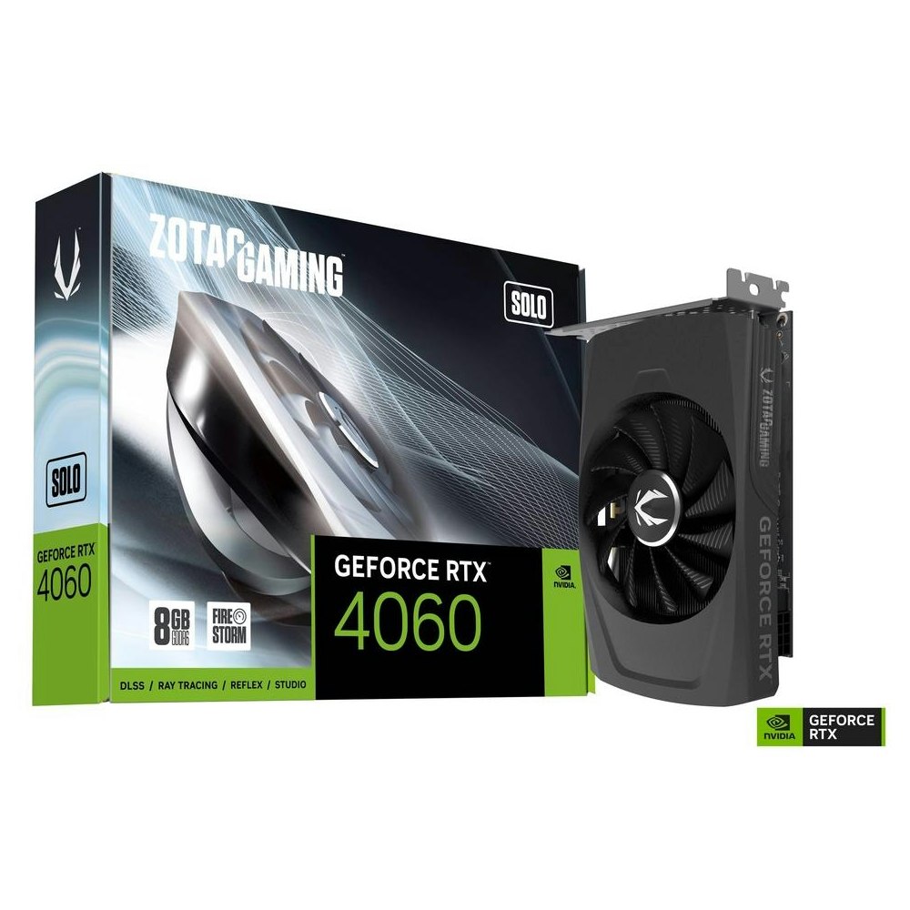 A large main feature product image of ZOTAC GAMING GeForce RTX 4060 SOLO 8GB GDDR6
