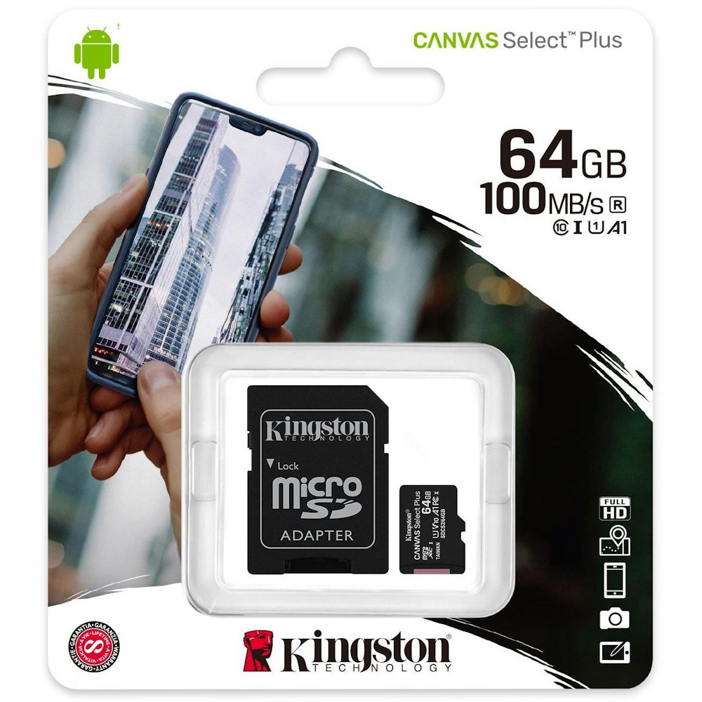 A large main feature product image of Kingston Canvas Select Plus 64GB MicroSD Card