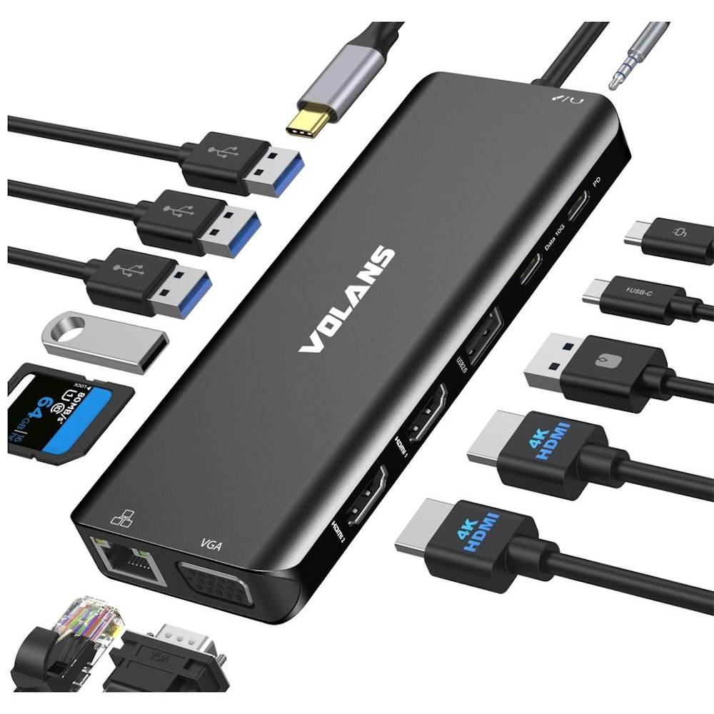 A large main feature product image of Volans Aluminium 14-in-1 Triple Display Multifunctional USB-C Hub - With 100W Power Delivery