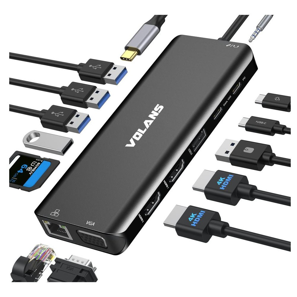 A large main feature product image of Volans Aluminium 14-in-1 Triple Display Multifunctional USB-C Hub - With 100W Power Delivery