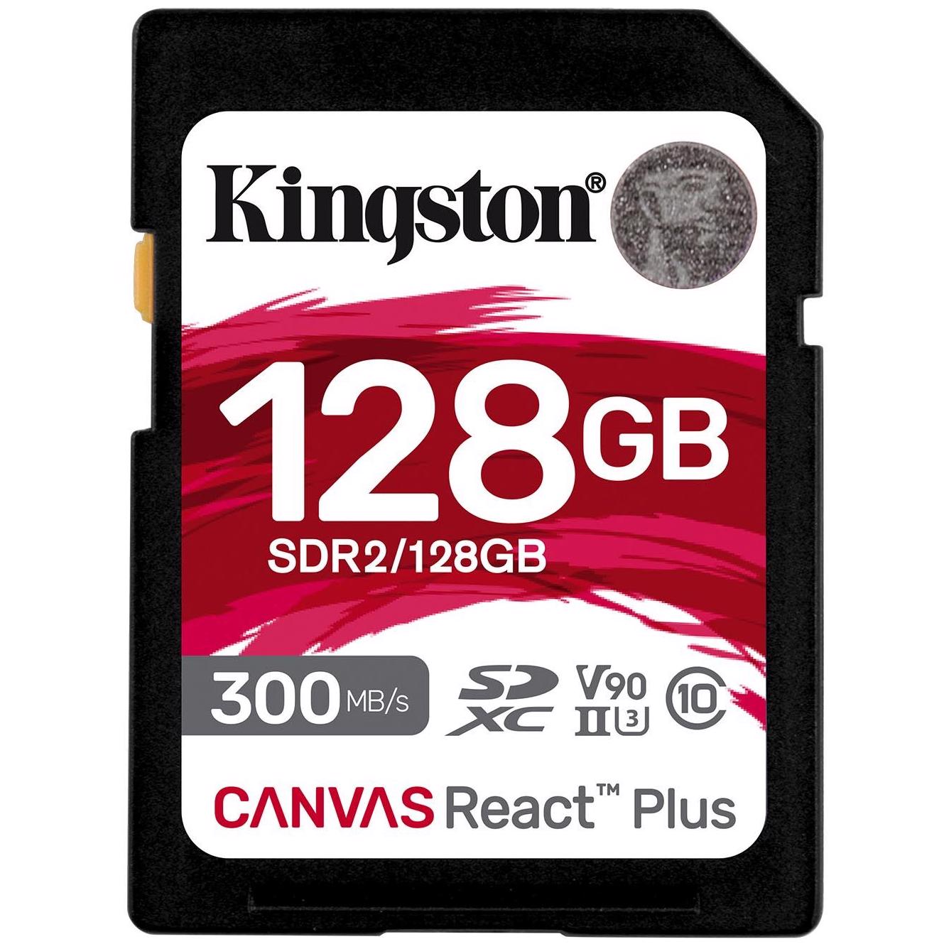 A large main feature product image of Kingston Canvas React Plus 128GB SDXC U3 V90 UHS-II SD Card