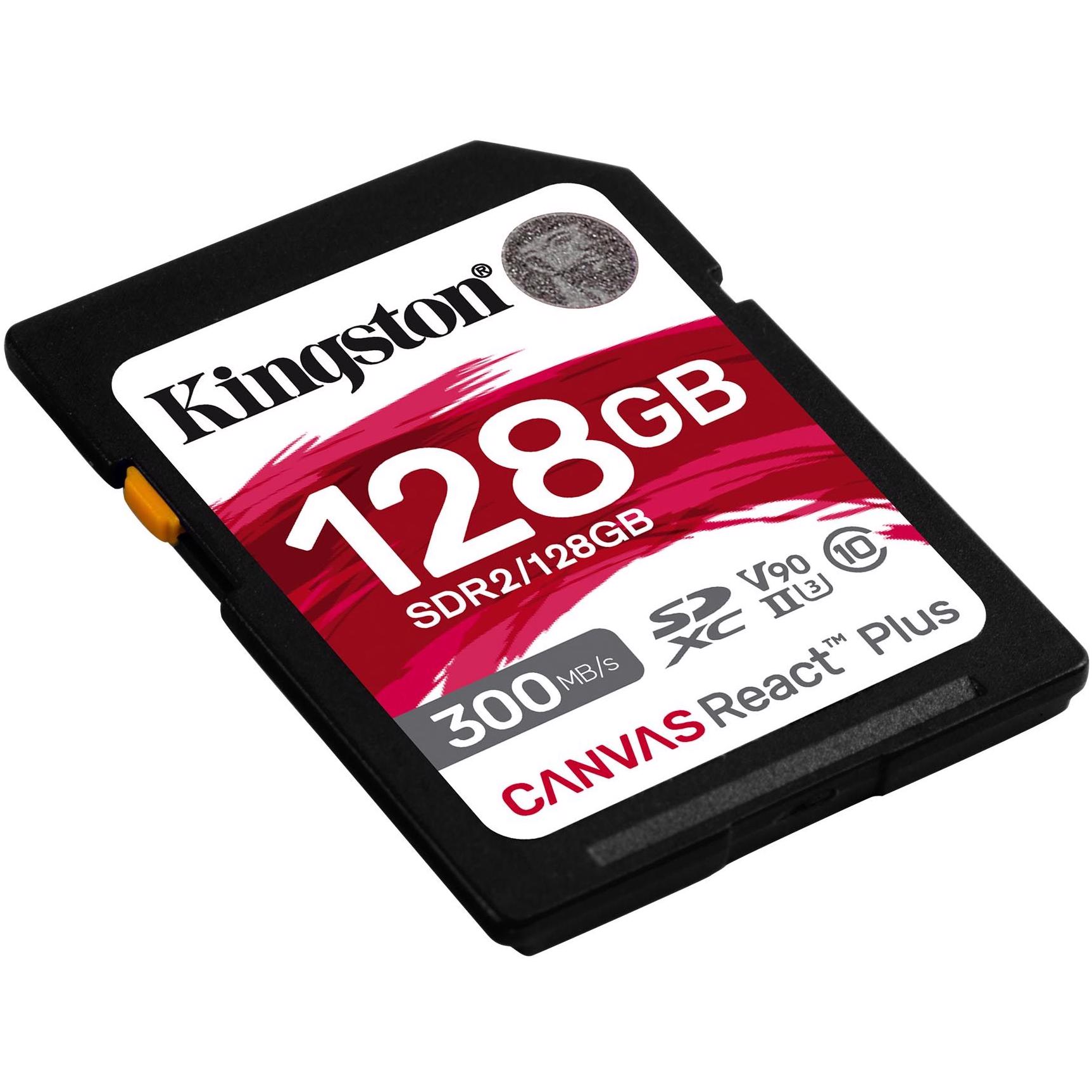 A large main feature product image of Kingston Canvas React Plus 128GB SDXC U3 V90 UHS-II SD Card