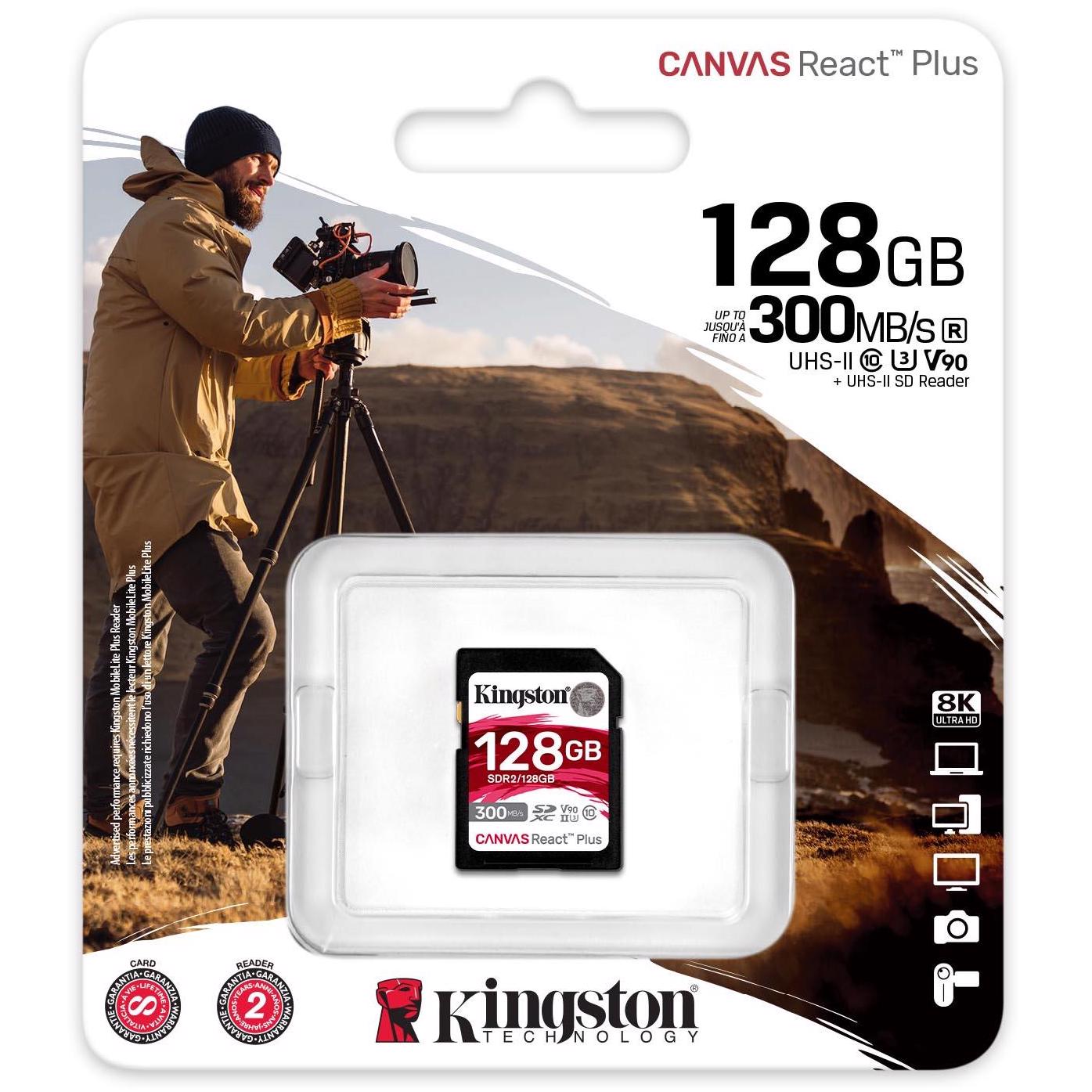 A large main feature product image of Kingston Canvas React Plus 128GB SDXC U3 V90 UHS-II SD Card