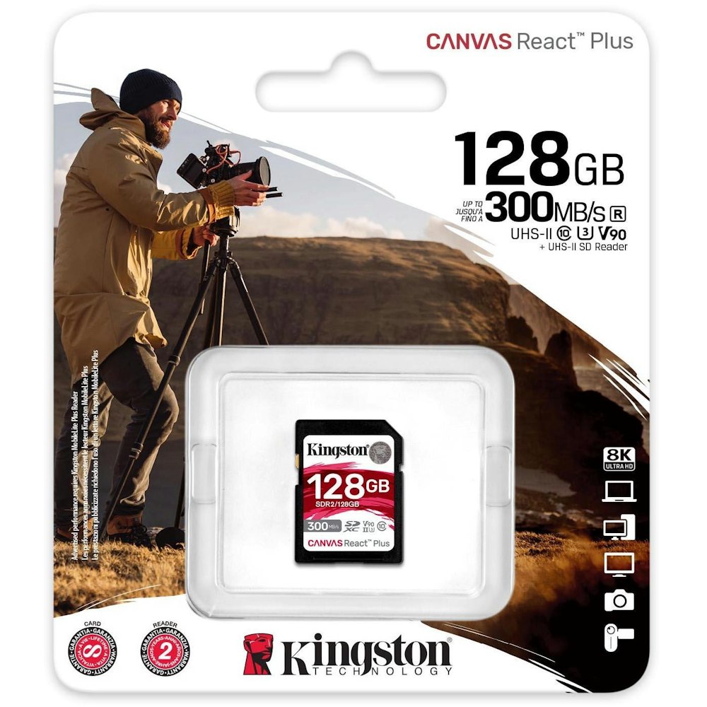 A large main feature product image of Kingston Canvas React Plus SD 128GB