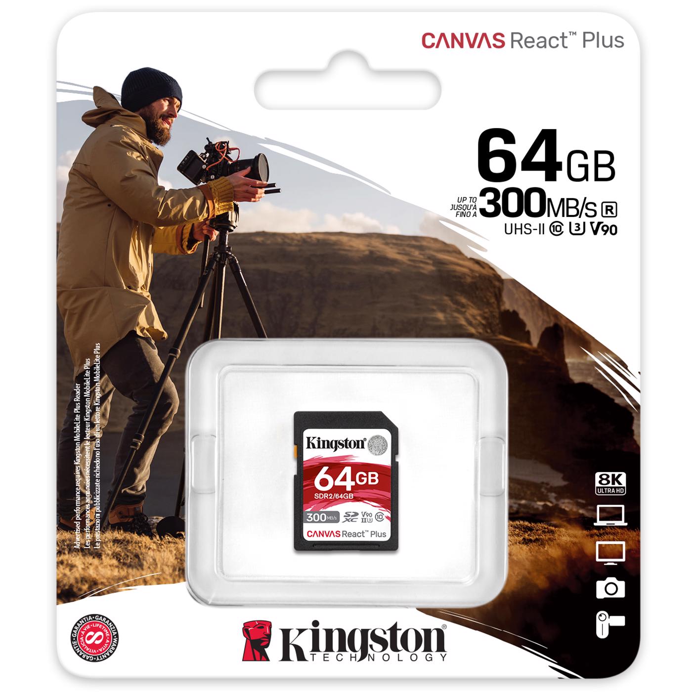 A large main feature product image of Kingston Canvas React Plus 64GB SDXC U3 V90 UHS-II SD Card
