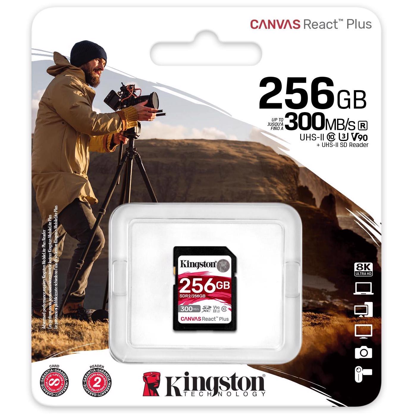 A large main feature product image of Kingston Canvas React Plus SDXC U3 V90 UHS-II SD Card - 256GB