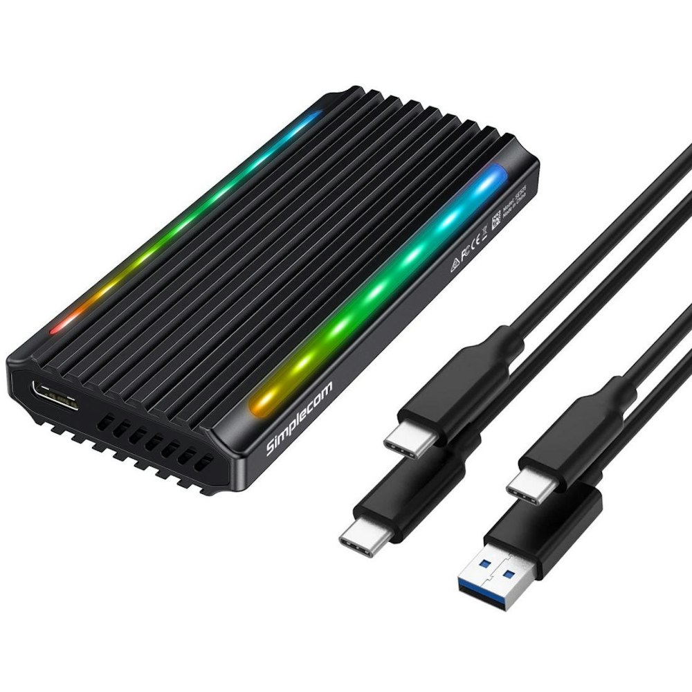 A large main feature product image of Simplecom SE525 NVMe / SATA M.2 SSD USB-C Enclosure with RGB Light USB 3.2 Gen 2 10Gbps