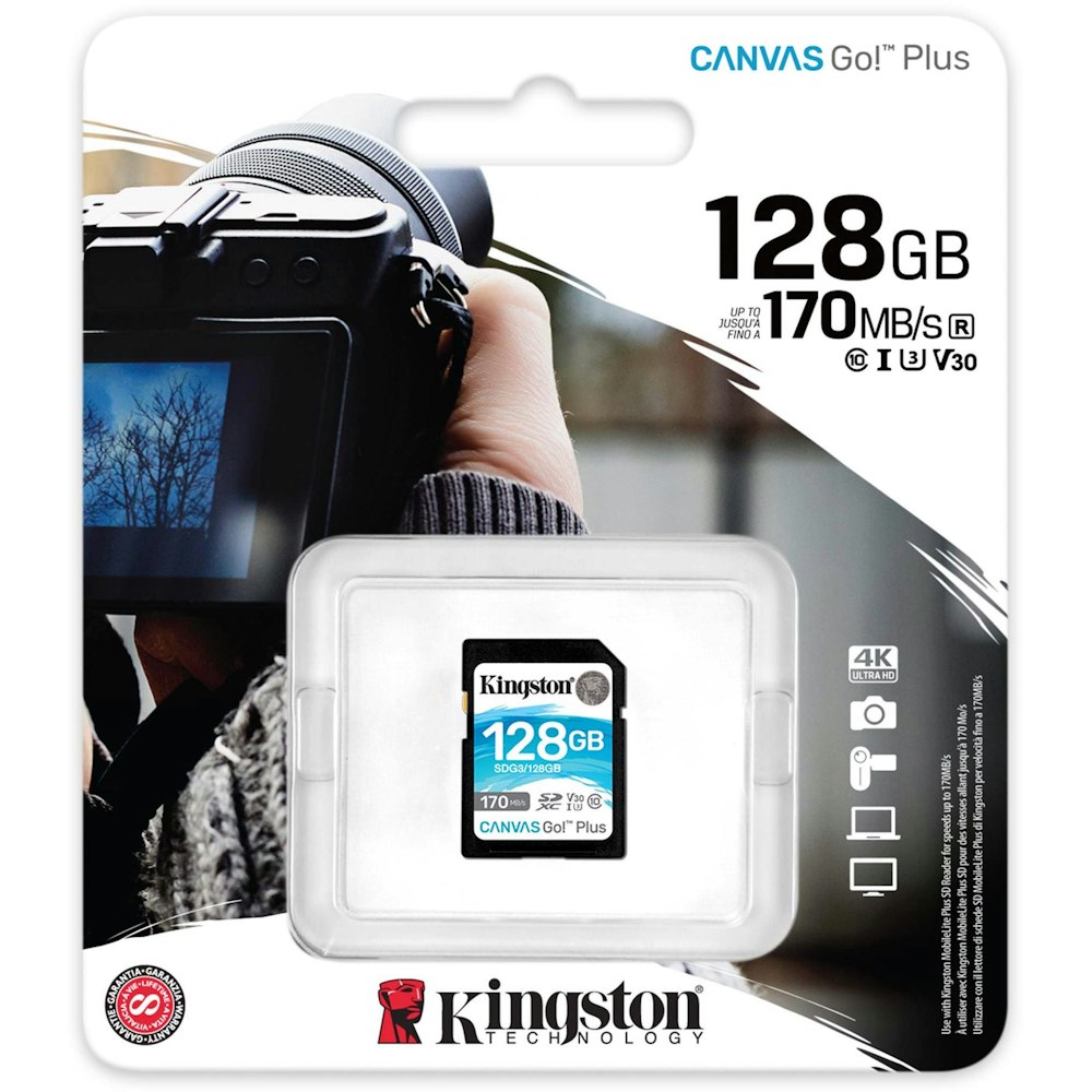 A large main feature product image of Kingston Canvas Go! Plus 128GB SD Card
