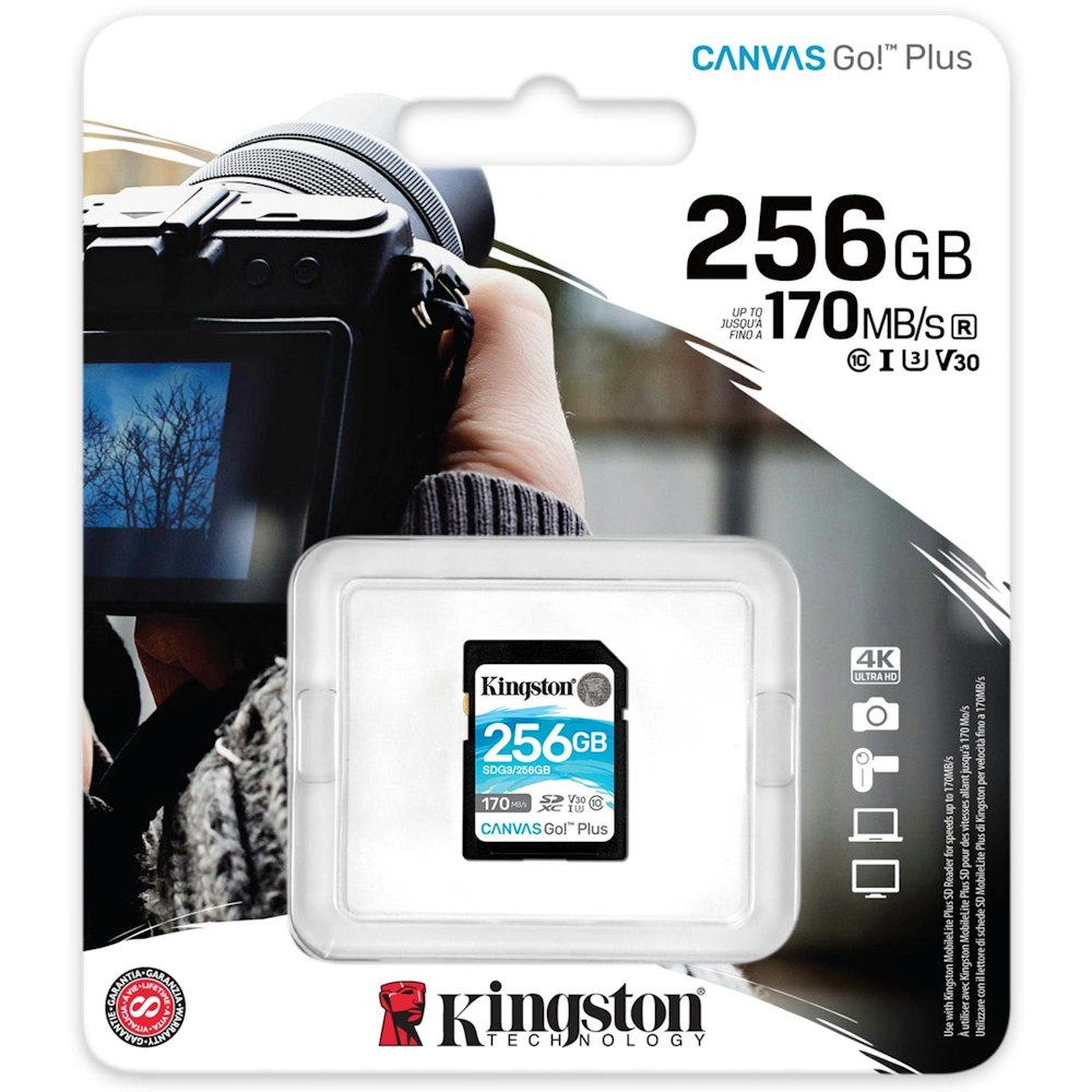 A large main feature product image of Kingston Canvas Go! Plus 256GB SD Card