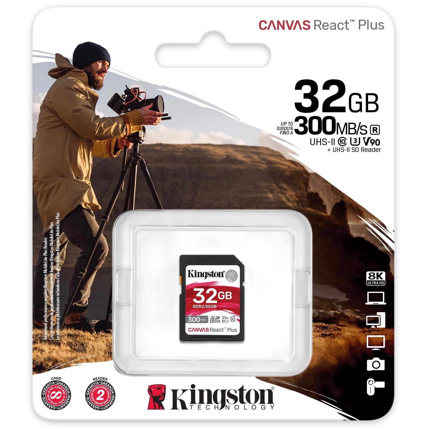 A large main feature product image of Kingston Canvas React Plus SDXC U3 V90 UHS-II SD Card - 32GB