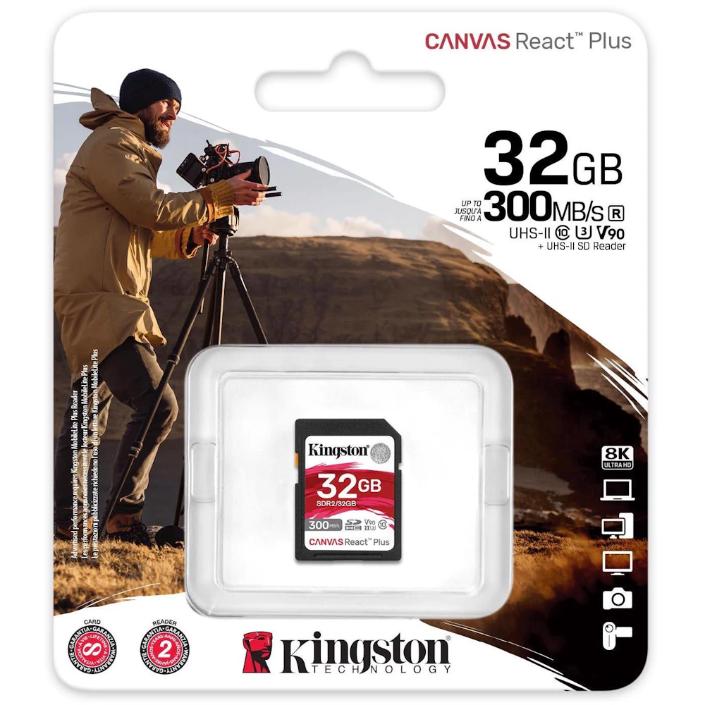 A large main feature product image of Kingston Canvas React Plus SDXC U3 V90 UHS-II SD Card - 32GB