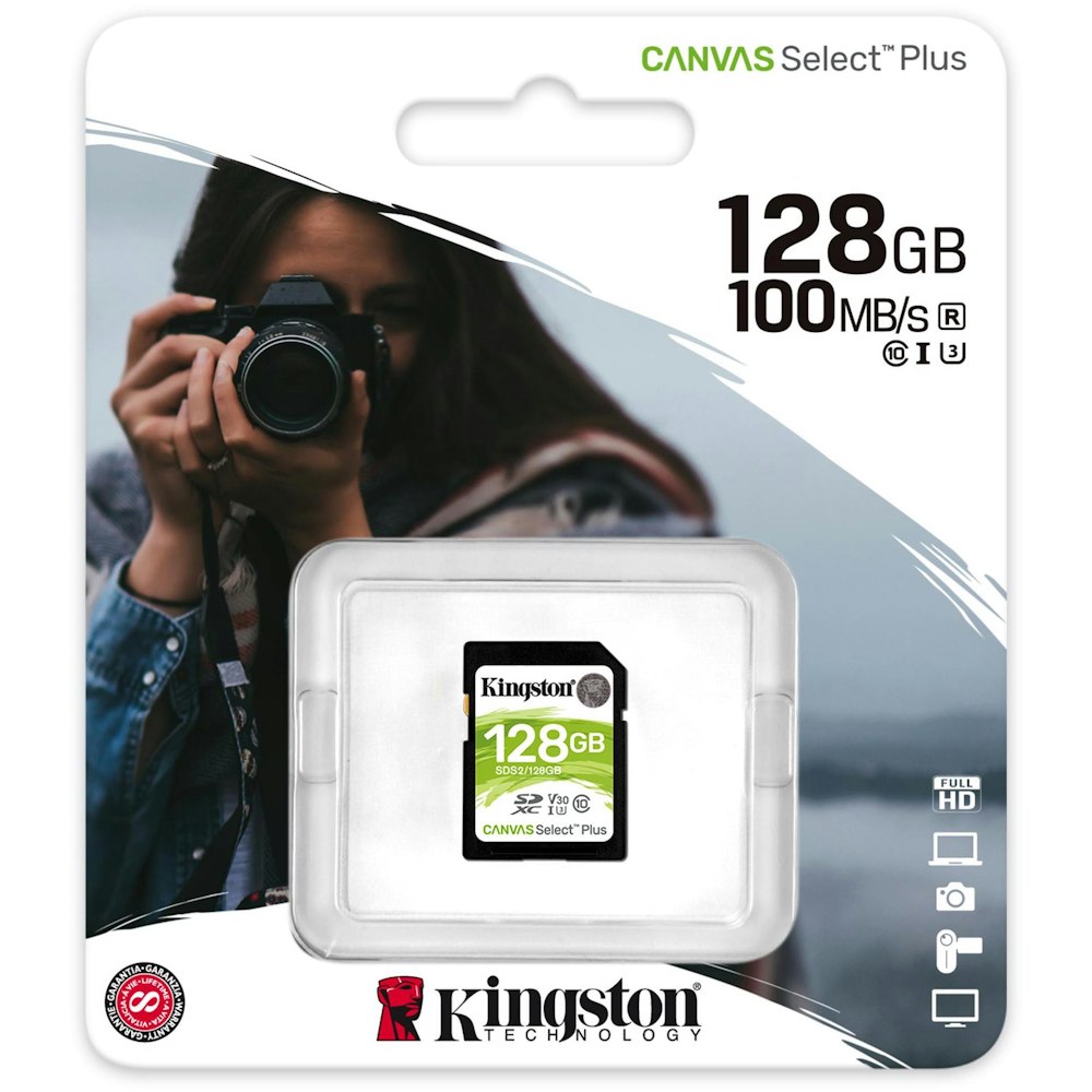 A large main feature product image of Kingston Canvas Select Plus 128GB SD Card