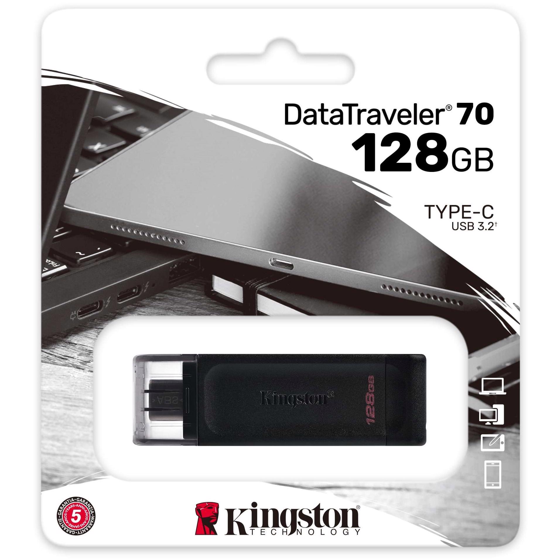 A large main feature product image of Kingston DataTraveler 70 128GB USB 3.2 Gen 1 Type-C Flash Drive