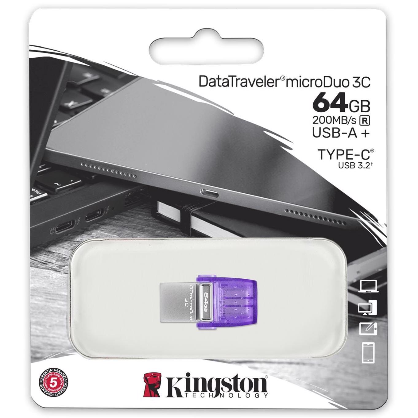 A large main feature product image of Kingston DataTraveler microDuo 3C 64GB USB 3.2 Gen 1 Type-C/A Flash Drive