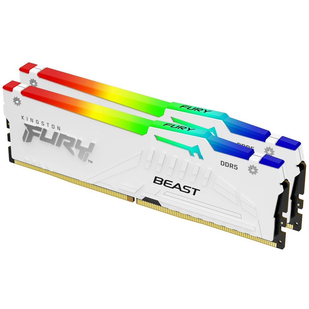 A large main feature product image of Kingston 64GB Kit (2x32GB) DDR5 Fury Beast RGB AMD EXPO C36 6000MHz - White