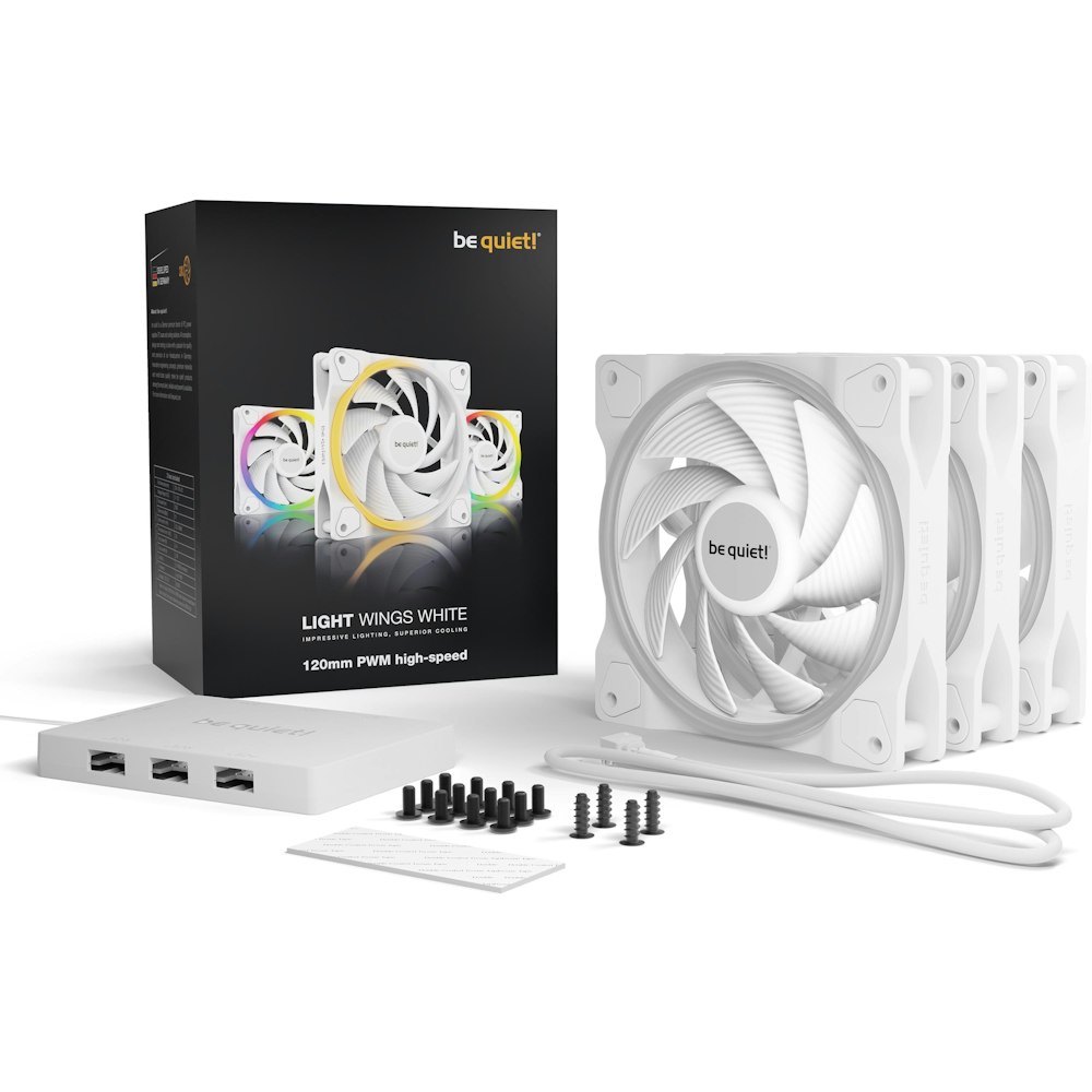 A large main feature product image of be quiet! Light Wings High-Speed 120mm PWM Fan Triple Pack - White