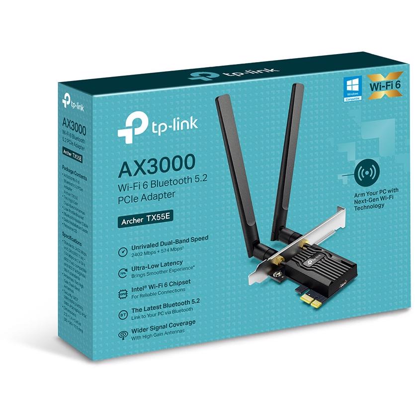 A large main feature product image of TP-Link Archer TX55E - AX3000 Wi-Fi 6 Bluetooth 5.2 PCIe Adapter