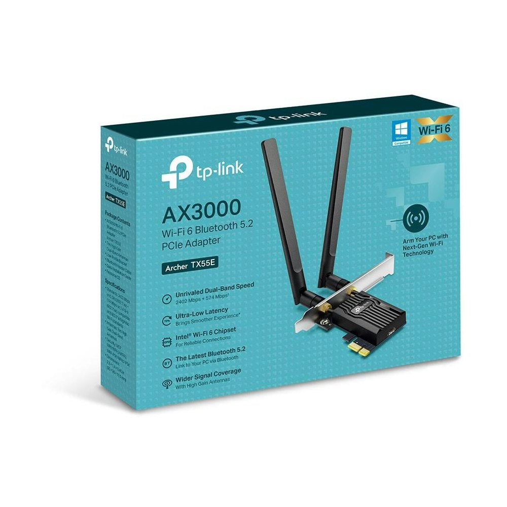A large main feature product image of TP-Link Archer TX55E - AX3000 Wi-Fi 6 Bluetooth 5.2 PCIe Adapter