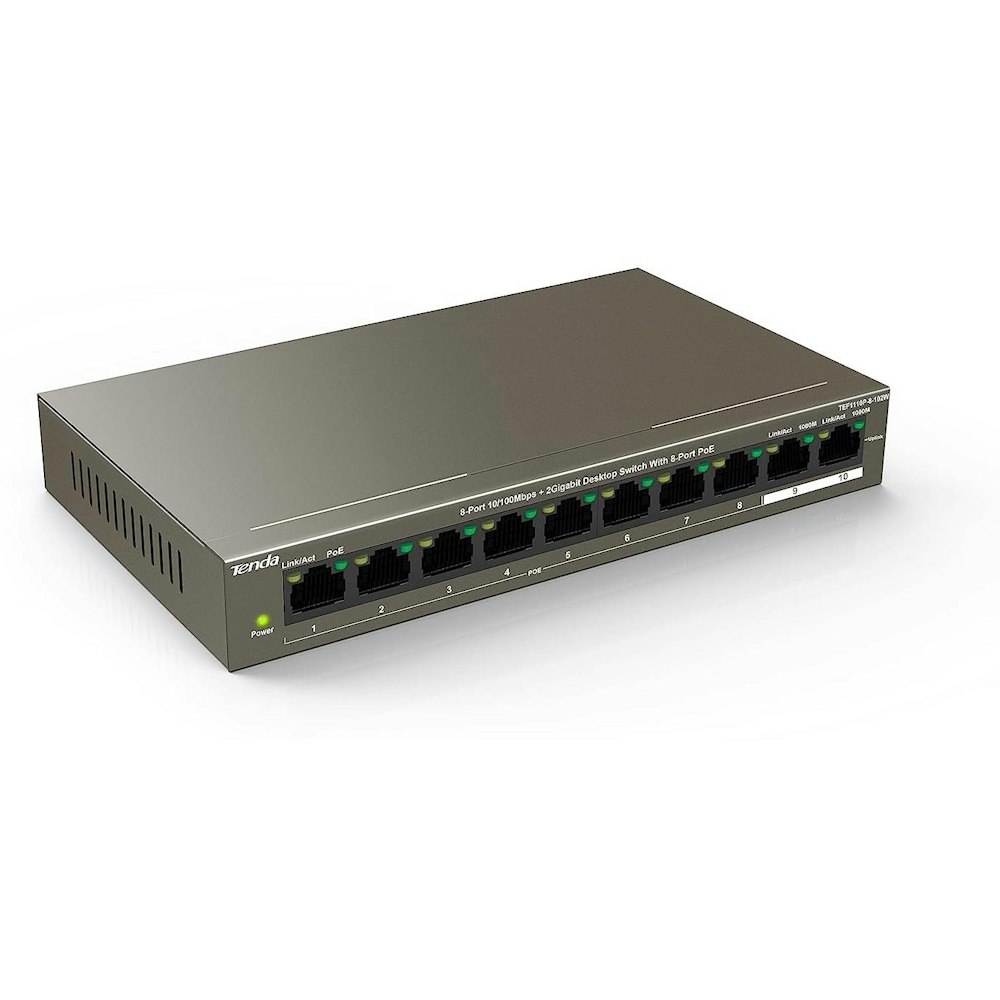 A large main feature product image of Tenda TEF1110P-8-102W 8-Port PoE with 2-Port Gigabit Desktop Switch