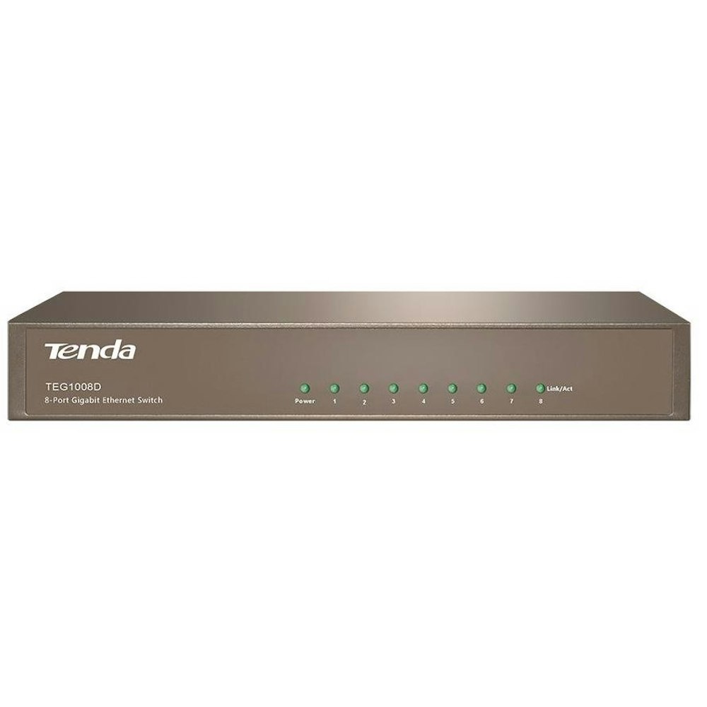 A large main feature product image of Tenda TEG1008D 8-Port Gigabit Desktop Switch