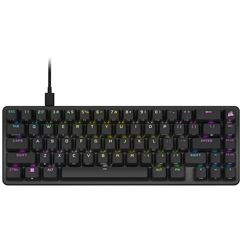 A large main feature product image of Corsair K65 PRO Mini RGB Black OPX Silver Mechanical Gaming Keyboard