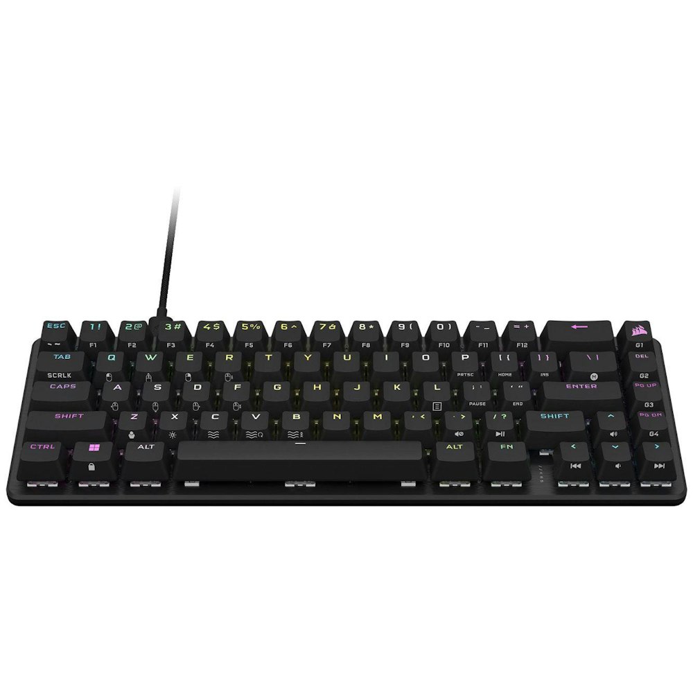 A large main feature product image of Corsair K65 PRO Mini RGB Black OPX Silver Mechanical Gaming Keyboard