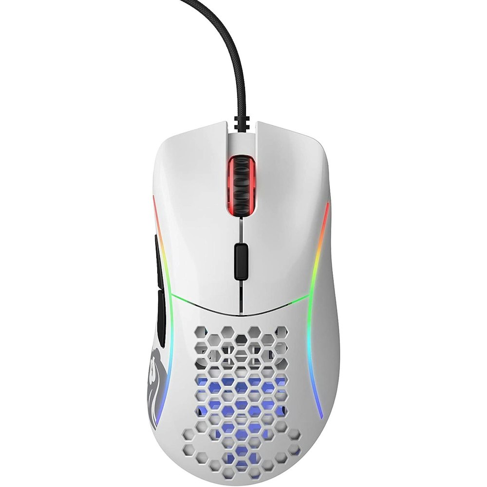 A large main feature product image of Glorious Model D Wired Gaming Mouse - Glossy White