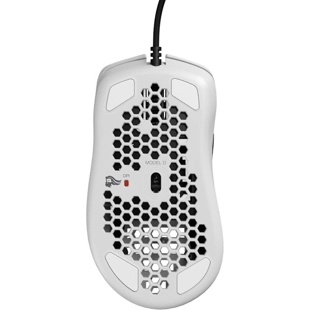A large main feature product image of Glorious Model D Wired Gaming Mouse - Glossy White