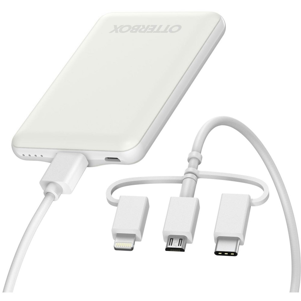 A large main feature product image of OtterBox Mobile Charging Kit - 5K mAh Power Bank, 3-in-1 Cable (USB-A to Lightning + USB-C + Micro-USB) White