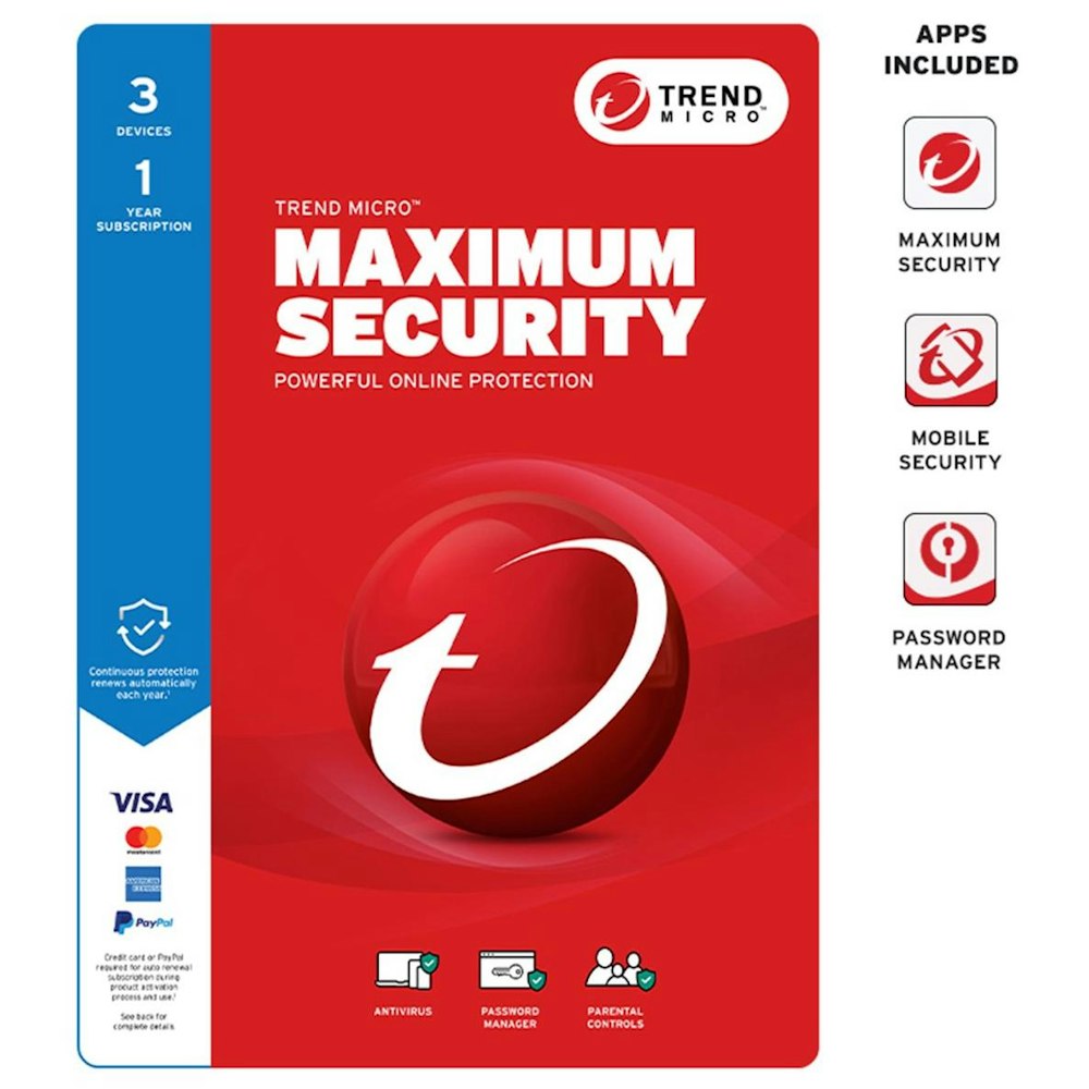 A large main feature product image of Trend Micro Maximum Security (3 Device) 1Yr Retail Mini Box Auto Renew