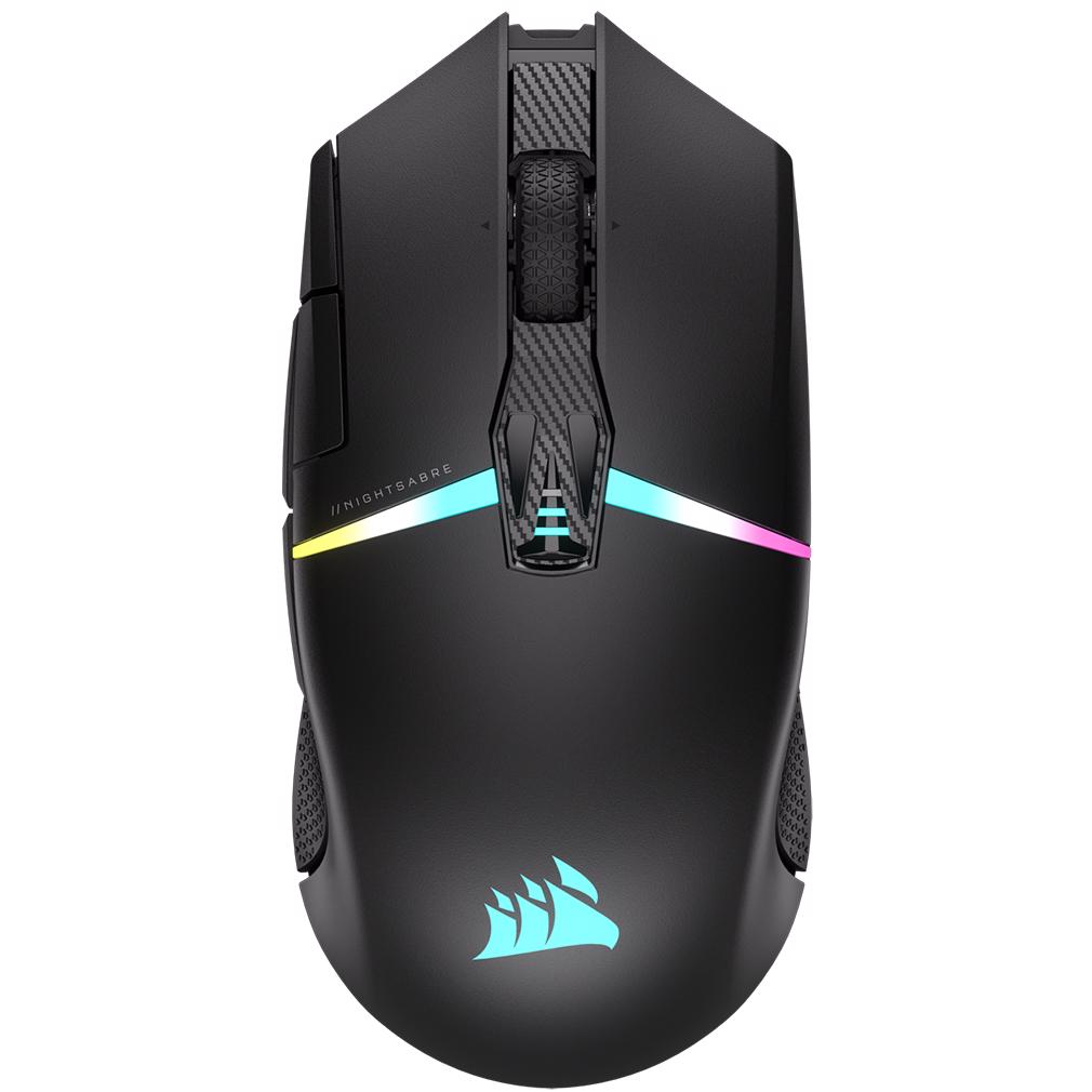 A large main feature product image of Corsair NIGHTSABRE WIRELESS RGB Gaming Mouse